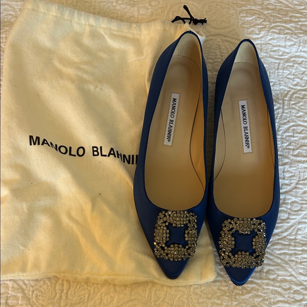 Manolo Blahnik Hangisi crystal embellished satin point toe flats